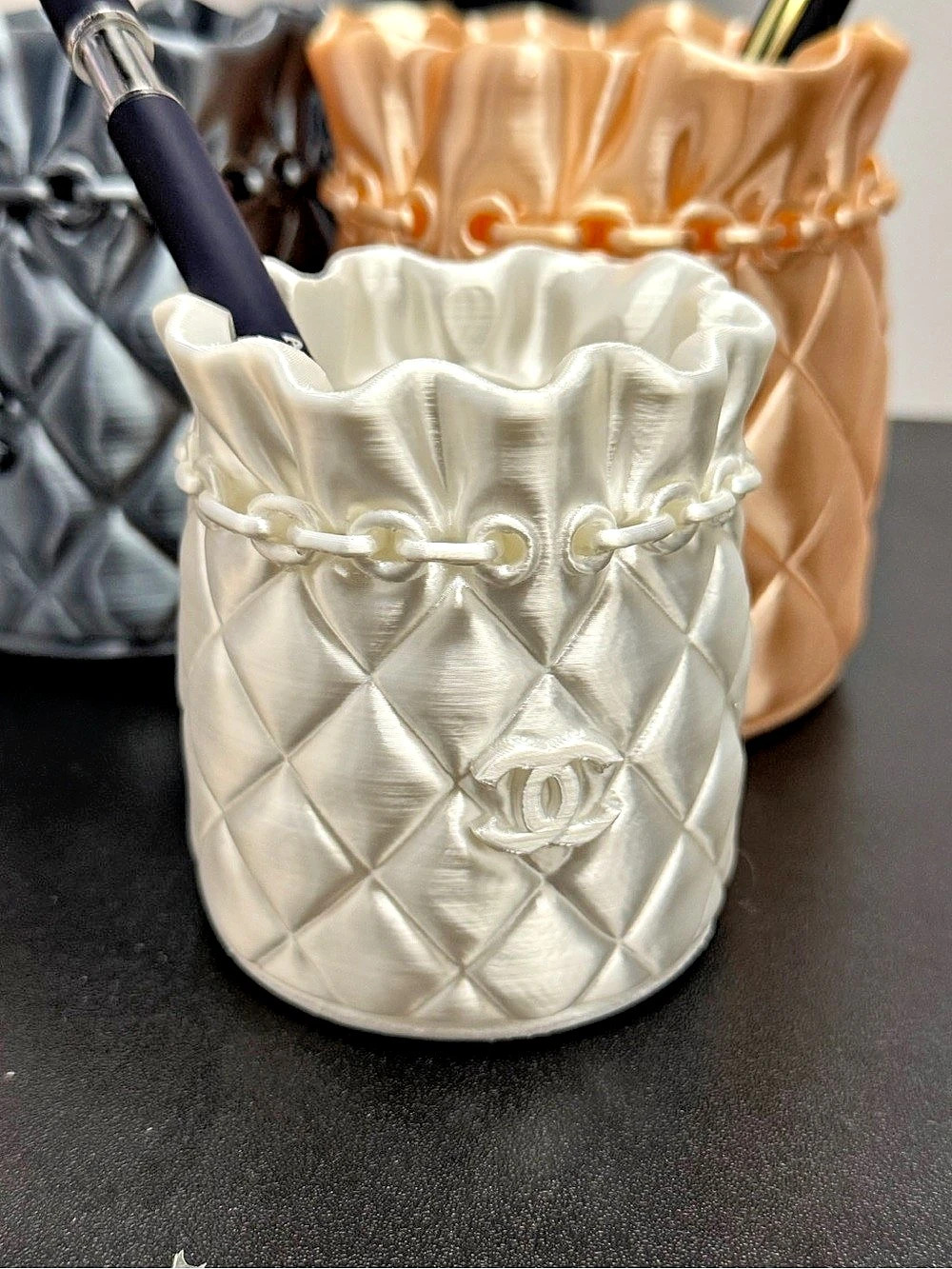 CC Quilted Drawstring Cosmetic Pouch in White